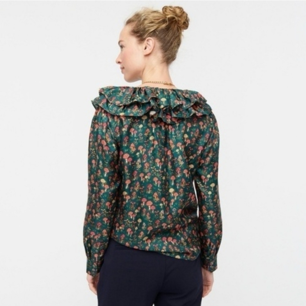 J. Crew Green Silk Mushroom Ruffle-Neck Blouse - Picture 2 of 7